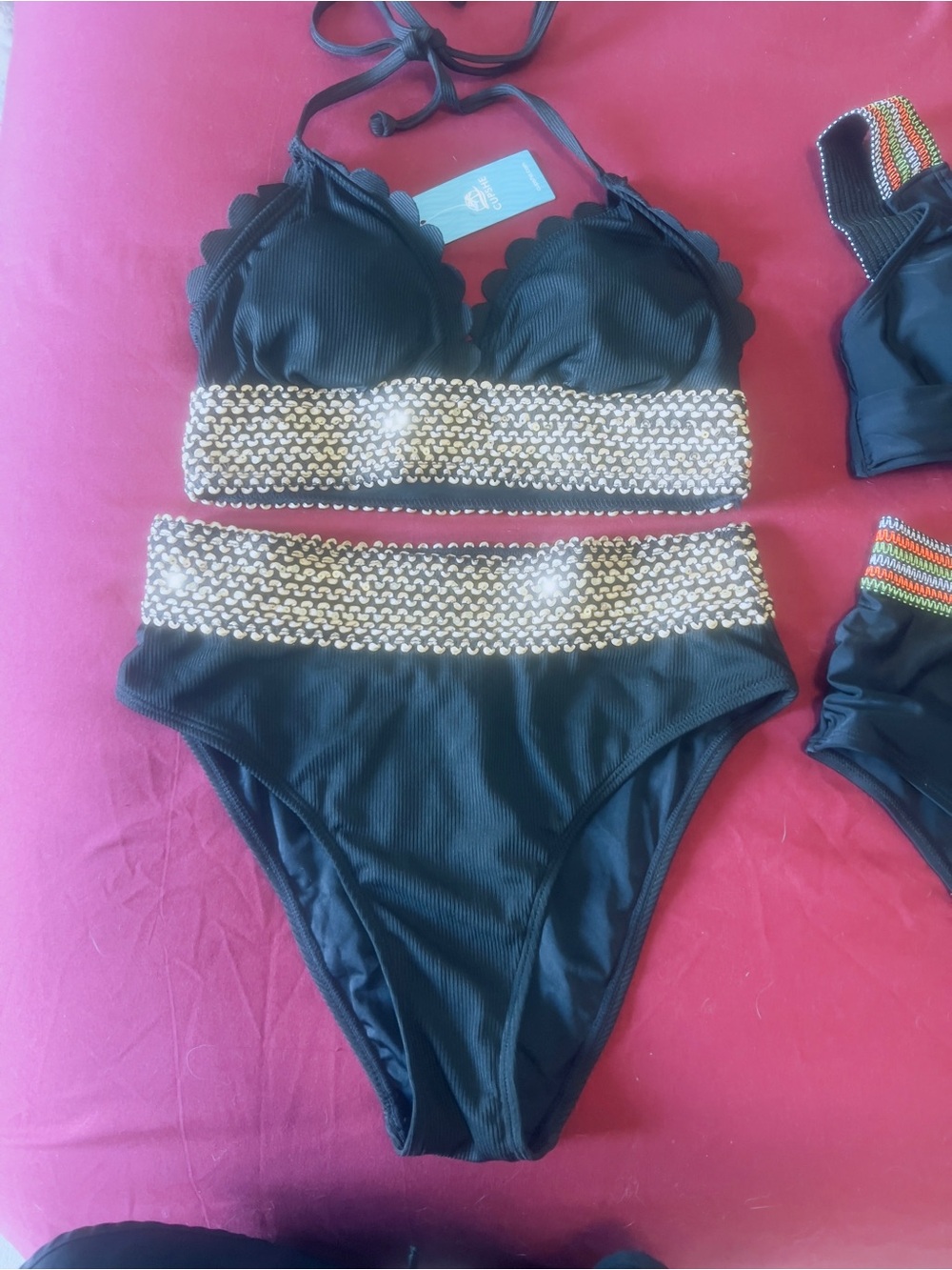 Black Two-Piece Bikini with Metallic Chain Waistband